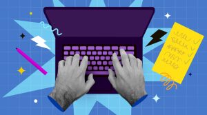 Retro collage. Human hands and laptop. IT work concept. Vector illustration